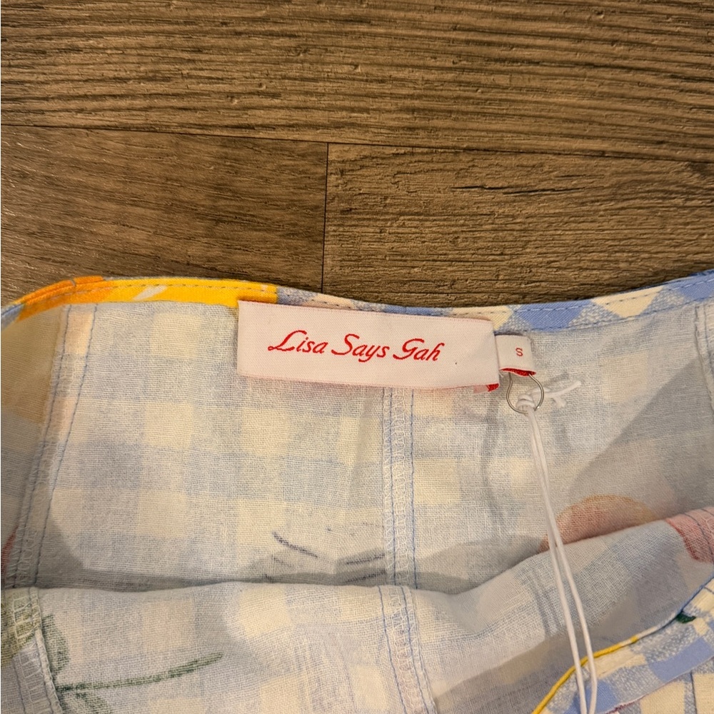 Lisa Says Gah Light Blue Gingham Fruit & Kitchen Print Midi Skirt - Picture 3 of 5